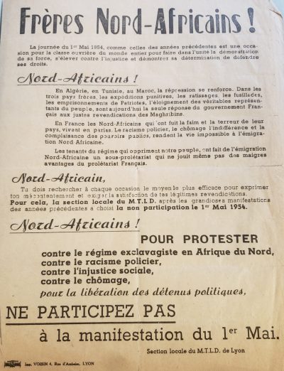 Affiche du Mouvement pour le triomphe des libertés démocratiques (MTLD), 1954 (Archives départementales de la Loire, 20 J 55)