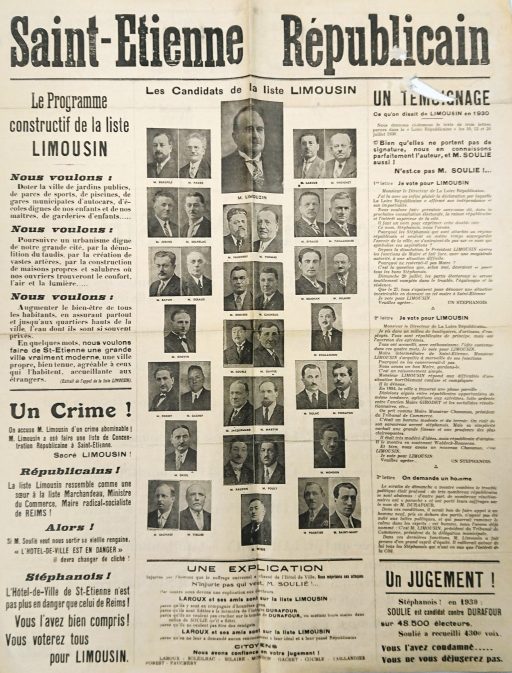 Feuille de campagne de la liste présentée par Jean-Marie Limousin aux élections municipales de 1935 (Archives municipales et métropolitaines de Saint-Étienne, 10 K 15).