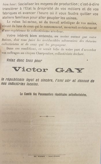 Tract aux passementiers, campagne électorale de Victor Gay, député sortant, élections législatives de 1902 (Archives municipales et métropolitaines de Saint-Étienne, 1 S 117).