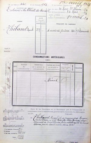 Jugement du 1er avril 1924, prononcé à l'encontre de Marcel Thibaud pour entraves à la liberté du travail (archives départementales de la Loire, ancienne cotation U 1191)